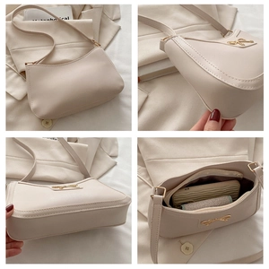 Detailed four-view of a beige crescent bag featuring a gold bow accent and top zipper