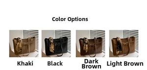 Fashion tote bags in khaki, black, dark brown, and light brown with decorative silk scarf