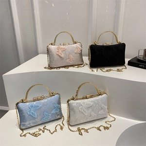 Women Butterfly Embroidery Evening Bag Elegant Lace 3D Butterfly Clutch Purse With Metal Handle Chain Strap Small Square Bag