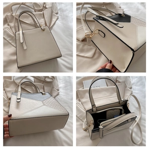 Multi-angle view of a beige structured handbag with crocodile texture and inner zipper pocket