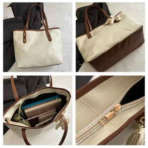 Detailed views of a minimalist ivory tote bag showing interior space and golden hardware