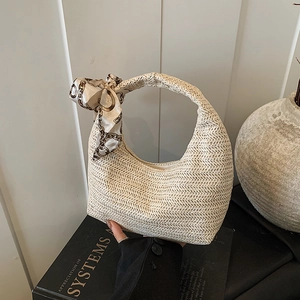 Sac À Main Hobo En Paille Tissé Pour Femmes Sac Bandoulière Plage Été Forme Demi-lune Avec Foulard En Satin