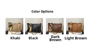 Detail showing tote bags in khaki, black and brown with decorative handle scarves