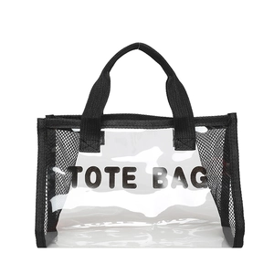 Minimalist transparent tote bag with black mesh trim and Tote Bag print on front