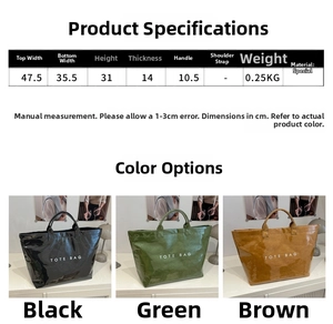 Detailed size specifications for large tote bag in black, green, and brown options