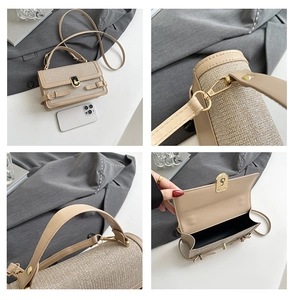 Detailed views of beige woven fabric handbag with gold turn-lock and leather trim