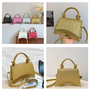 Détail du sac à main sablier scintillant avec poignée nouée en plusieurs couleurs