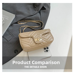 Détail d'un sac bandoulière matelassé beige avec chaîne dorée montrant la taille réelle