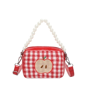 Cute red plaid cosmetics storage bag with apple embroidery and pearl handle strap