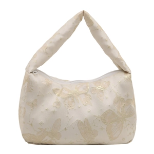 Sac à main élégant en satin crème avec broderie papillon dorée et fermeture éclair