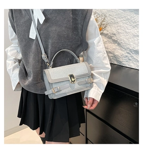 Chic silver sequin small square bag shown as a crossbody on model with golden hardware