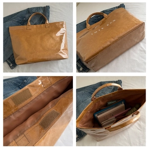 Detail views of brown high-capacity tote bag showing waterproof texture and velcro closure