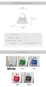 Detailed spec sheet for PU mini tote bag showing dimensions and transparent window design