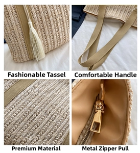 Dettagli della borsa in paglia beige con nappa bianca e cerniera in metallo dorato