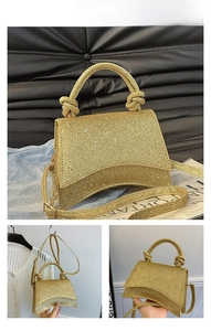 Détails du sac à main doré à paillettes avec forme sablier et poignées nouées
