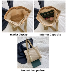 Dettaglio della borsa in paglia beige con fodera, cerniera e capacità di carico