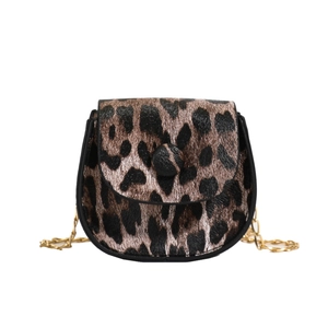 Mini leopard print crossbody bag with gold chain strap and saddle shape design