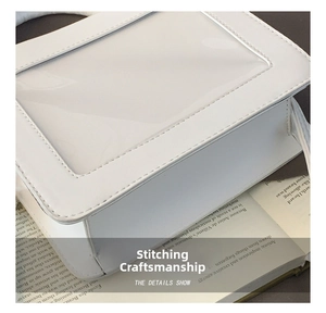 Detail showing precise stitching and transparent window on white minimalist square bag