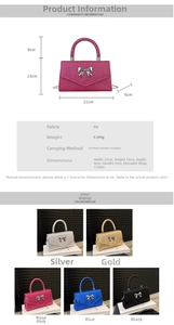 Détail du sac à main en cuir PU brillant avec nœud métallique et tableau des tailles