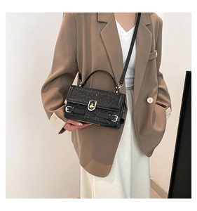 Close-up of black crossbody bag with sequin拼接 and golden twist lock on a model