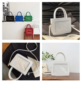 Detail view of the clear PVC window and smooth synthetic leather on the mini square bags