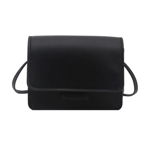 Minimalist black faux leather small square crossbody bag with sleek flap cover and shoulder strap