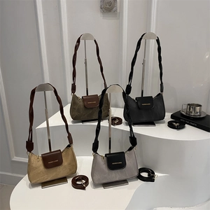 Sac À Épaule Rétro Femme Cuir PU Toile Patchwork Rabat Sac Bandoulière Sac À Main Poignée Tressée Minimaliste