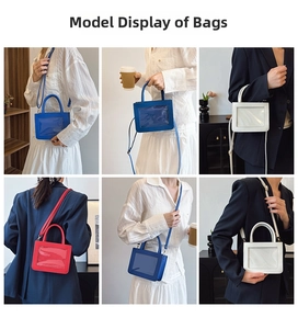 Collage of PVC transparent small square handbags in blue, white and red worn by model