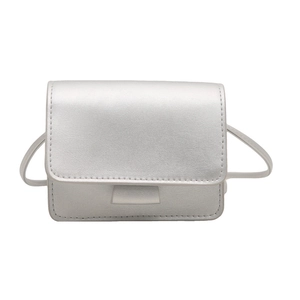 Minimalist silver faux leather crossbody bag with flap closure and metallic finish