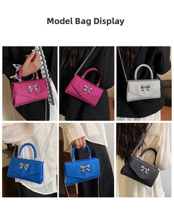 Sac à chaîne pailleté avec nœud métallique en rose, argent, bleu et noir