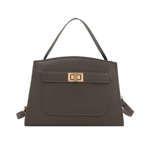 Taupe lychee grain leather tote bag with golden turn-lock and adjustable shoulder strap