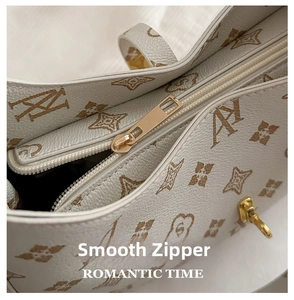 Detailed close-up of smooth gold zipper and floral print leather on white shoulder bag