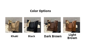 Detailed color selection showing four stylish tote bags with silk scarf wrapped handles