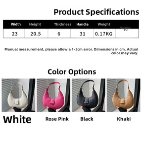 Detailed dimension chart for crescent hobo bag showing 23cm width and PU leather material
