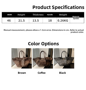 Size chart showing dimensions for the large leopard print tote bag with handle specs