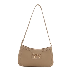Chic khaki faux leather baguette shoulder bag with elegant gold bow metal clasp