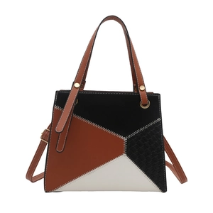 Fashion geometric patchwork crossbody bag with brown and black leather stitching detail