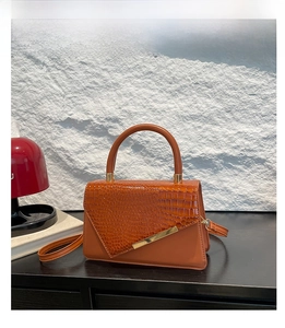 Detail of brown contrast texture crossbody bag with crocodile pattern and gold metal trim