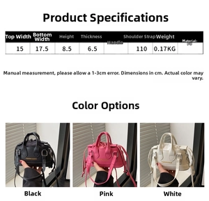 Size chart and dimensions for mini PU leather bucket bag in black, pink, and white colors