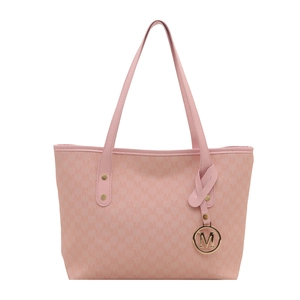 Pink faux leather tote bag with monogram print and gold M pendant for women