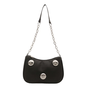 Chic black nylon underarm bag with oversized silver metal studs and chain strap