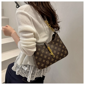 Detailed view of brown monogram hobo bag with gold chain strap on a model shoulder