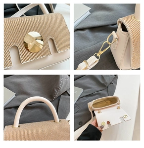 Detail of cream leather and straw woven bag showing gold hardware and magnetic clasp