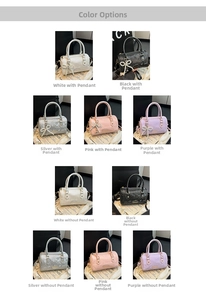 Boston style handbags shown in five colors with optional pearl bow charms and silk lining