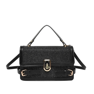 Chic black glitter crossbody bag with gold buckle hardware and top handle for women