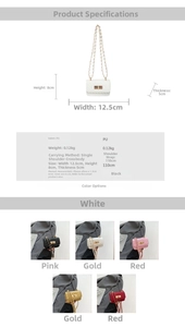 Detailed size chart for mini quilted crossbody bag showing dimensions and five color options