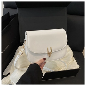 Close-up of white leather saddle bag with gold buckle in an elegant black gift box