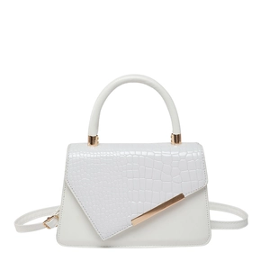 Elegant white crocodile embossed tote handbag with gold metal trim and crossbody strap