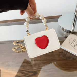 Mini Heart Crossbody Bag PU Leather Artificial Pearl Handle Gold Chain Fashion Cute Small Square Purse For Women Kids Shoulder Bag