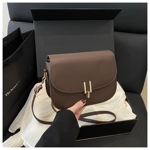 Detail of a dark brown crossbody square bag with gold H-buckle inside a luxury gift box